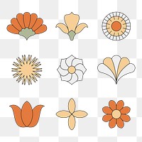 Minimal flower png elements, botanical doodle, retro graphic design set