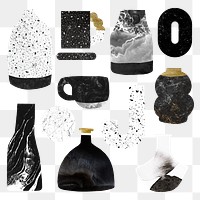 Kintsugi vase png clipart, aesthetic gold pottery, home decor objects set on transparent background