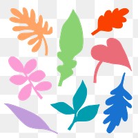 Colorful leaf png clipart, flat botanical graphic set on transparent background