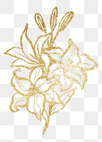 Gold lilies png sticker, line art graphic design on transparent background