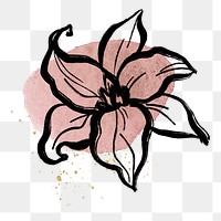 Flower png line art, golden pink watercolor brushstroke design on transparent background