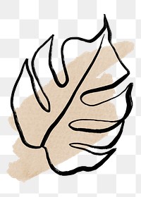 Aesthetic leaf png, black line drawing on watercolor brushstroke graphic design, transparent background