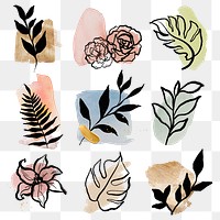 Aesthetic flowers png stickers, minimal pastel line drawing style set on transparent background