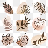 Golden botanical png stickers, minimal rose gold line drawing style set on transparent background