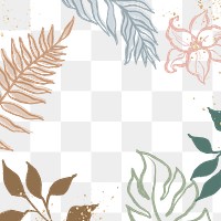 Colorful botanical png border frame, abstract floral and leaves illustration on transparent background