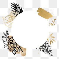 Leaf badge png, floral line art with golden watercolor brushstrokes illustration on transparent background