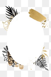 Oval badge png, botanical line art illustration, minimal golden frame on transparent background