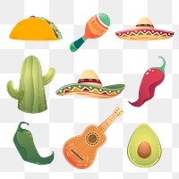 Mexican tradition doodles png stickers, colorful design on transparent background set