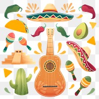 Mexican doodles png stickers, colorful design on transparent background set