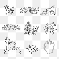 Doodle png nature collage element set, transparent background