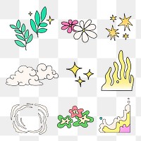 Doodle png colorful nature collage element set, transparent background