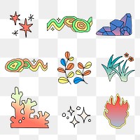 Colorful png nature doodle collage element set, transparent background