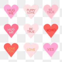 Heart shape stickers png transparent, cute love text set