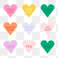 Heart shape stickers png transparent, cute love text set