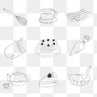 Baking tools & cakes png cute doodle design transparent background set