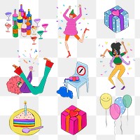 Cute party png sticker, drawing illustration, transparent background set