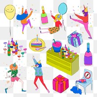 Cute party png sticker set, drawing illustration, transparent background set