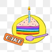 Birthday cake png word sticker, drawing illustration, transparent background