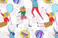 Partying cartoons pattern png background, drawing illustration, seamless design