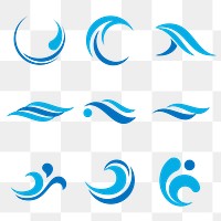 Sea wave png logo element sticker, blue modern flat design set on transparent background