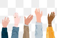 Diverse hands raising png, business illustration