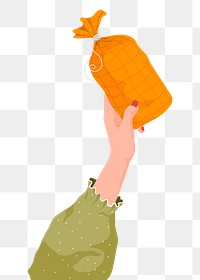 Orange present png sticker, held by woman, festive illustration design