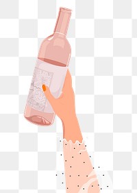 Rose wine bottle png sticker, held by woman drink illustration design