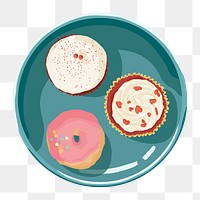 Dessert png, cupcakes and donut flat lay on green plate, food sticker illustration