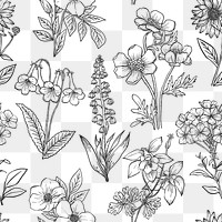 Png floral seamless pattern, hand drawn collage element, transparent background