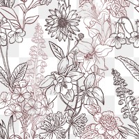 Seamless flower pattern png collage element, line art design, transparent background 