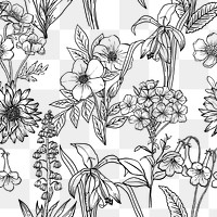 Seamless flower pattern png collage element, line art design, transparent background 