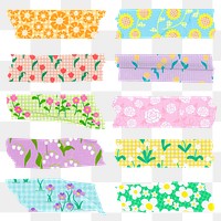 Floral washi tape png sticker, cute girly design, transparent background set