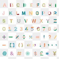 Colourful png letters, numbers and signs element, patterned typography sticker on transparent background