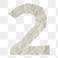 Number 2 png element, white crumpled paper sticker, transparent background