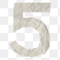 Number 5 png element, white crumpled paper sticker, transparent background