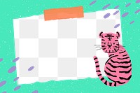 Sticky note png frame, transparent background, tiger doodle