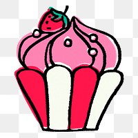 Strawberry cupcake png sticker, dessert doodle on transparent background