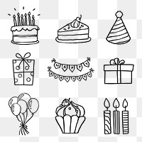 Birthday party png stickers, festive doodle set on transparent background