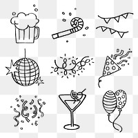 New year celebration png sticker, festive doodle set on transparent background