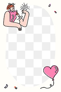 Cute Valentine's png frame, transparent background, woman and cat doodle