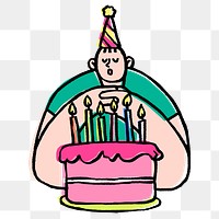 Man png making birthday wish, party doodle graphic on transparent background