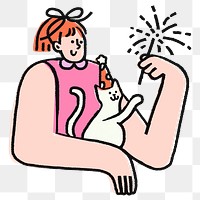 Woman png holding sparkler, new year celebration doodle clipart on transparent background