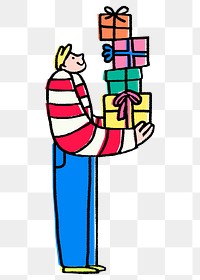 Man png holding boxes clipart, birthday cartoon illustration on transparent background