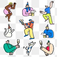 Festive party png doodle sticker, celebration cartoon set