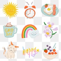 Png lifestyle element collection, emoji sticker, hand drawn, transparent background