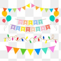 Colorful happy birthday png decoration sticker set, transparent background