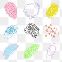 Png colorful circle doodle stickers, kids crayon design on transparent background