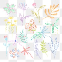 Floral line art png transparent background, pastel kids doodle design