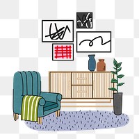 Living room png illustration, with furniture & home decor, transparent background