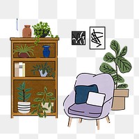 Cute living room png illustration, with furniture & home decor, transparent background